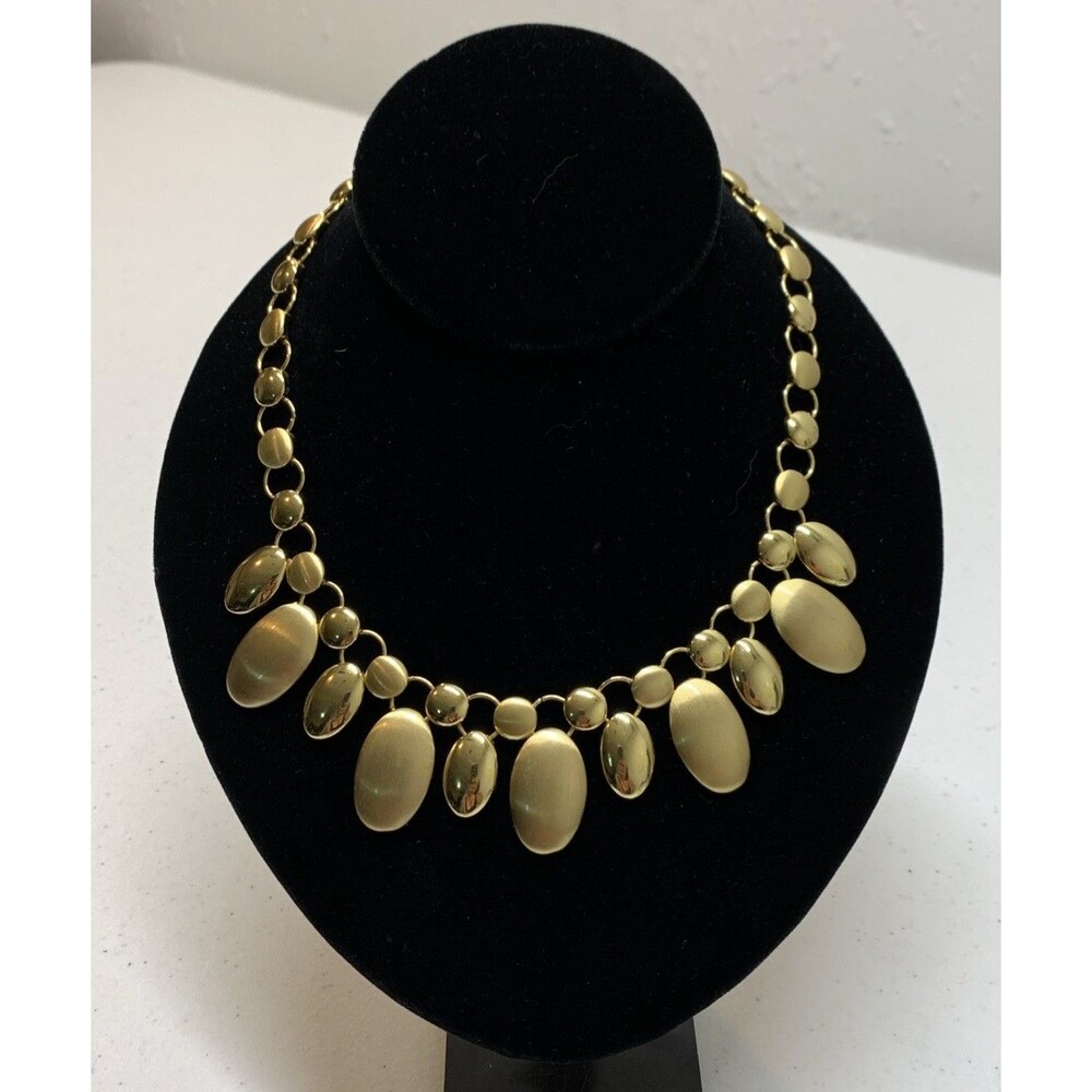 Vintage Gold Tone Matte Polished Bib Necklace Statement Dangles Signed FD 18”